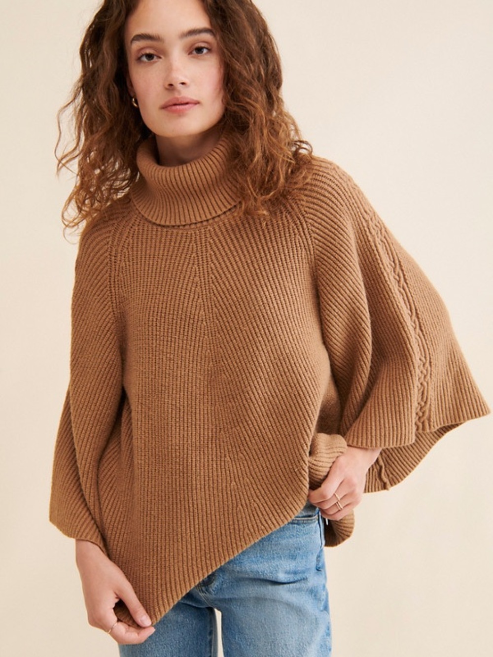 Anthropologie Kali Poncho Sweater, Camel/Brown, Size XS